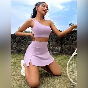 Brand New Lavender One-Shoulder Tennis Crop Top and Skirt Set
